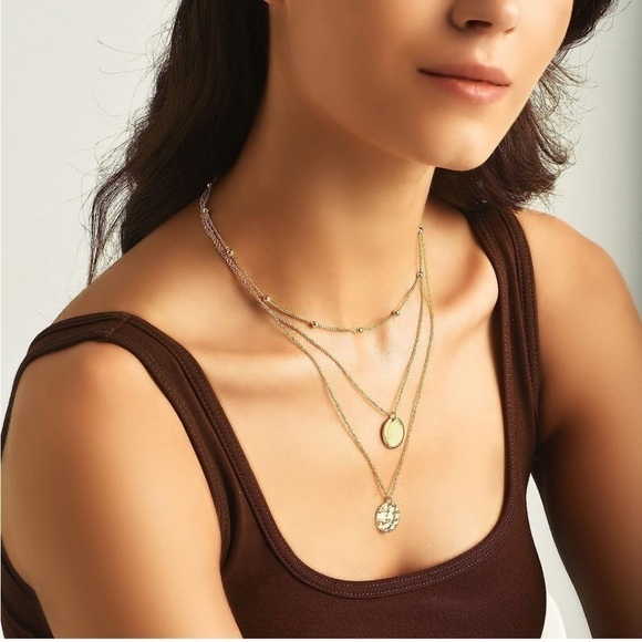 Gold 18k Gold Plated 3pc Beaded Textured Disc Pendant Necklace - Picture 2 of 4